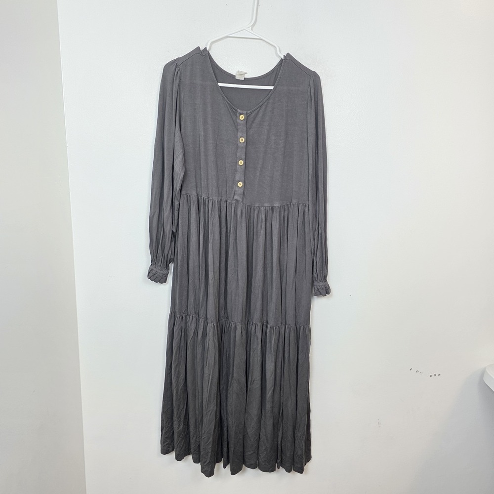 Kate Quinn The Woods Maxi Tiered Dress Women's Size M Gray Boho Comfort Henley
